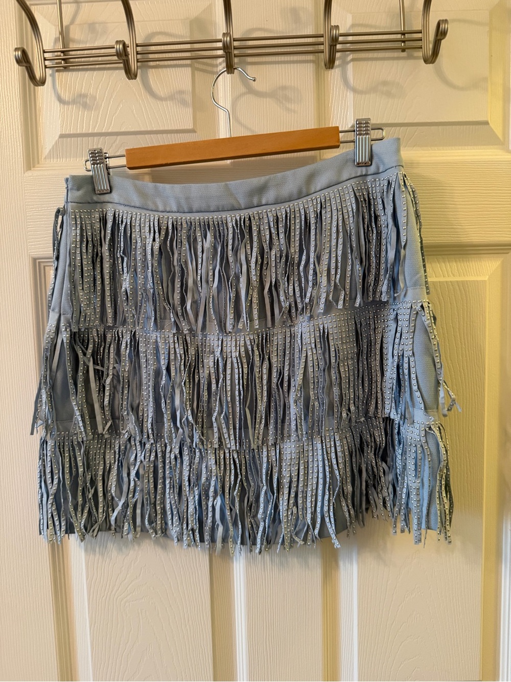 Free the Roses Pale Blue Fringe Mini Skirt with Stud Embellishment